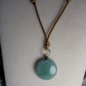 Round Green Aventurine Pendant on Brown Adjustable Rope